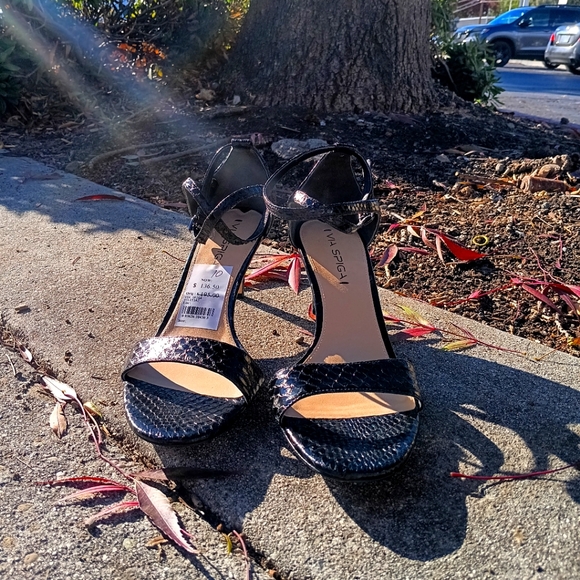 NWT Via Spiga Heels Shoes Size 10 Snake Skin Black Open Toe Sandals - Picture 3 of 10